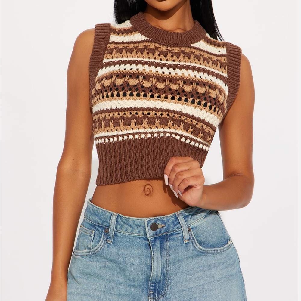 Fashion Nova Brown and Cream Knit Cropped Sweater Vest